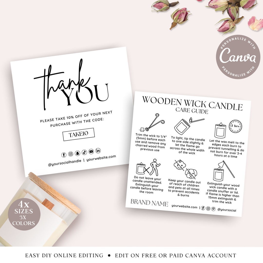 Wooden Wick Candle Care Guide CANVA Editable Template Bundle, Printable