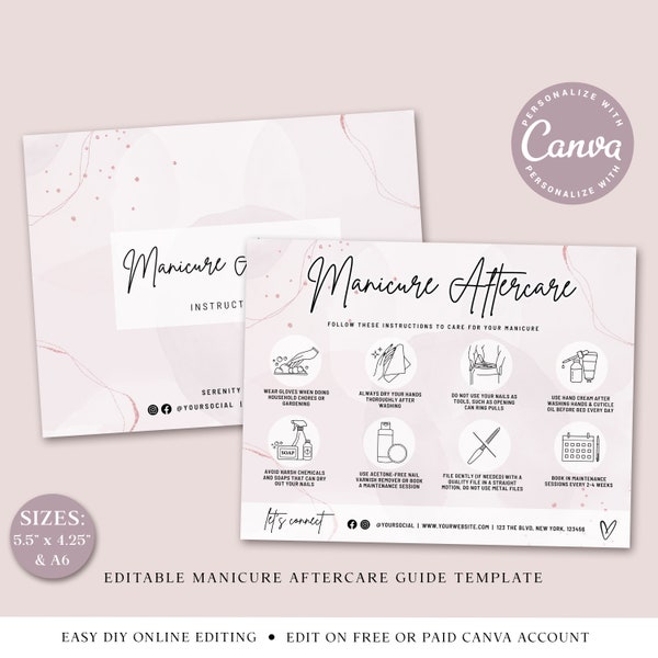 CANVA Manicure Care Card Editable Template, 2 Sizes Nail Care, DIY Edit Manicure Aftercare Guide, Printable Manicure Instructions ABC001