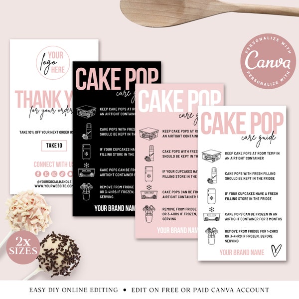 Cake Pops Care Guide CANVA Editable Template, Printable Cake Pop Care Card, Cake Lolly Instructions, Business Card Thank You Insert PDC001