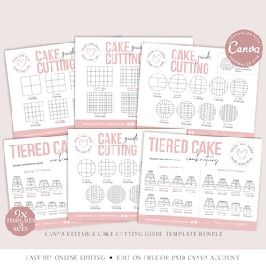 CANVA Cake Cutting Guide 9 x Editable Template Bundle, Printable Wedding Cake Portion Instructions, Round, Square, Sheet Cake Serving PDC001