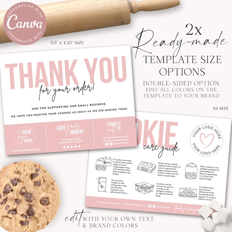 CANVA Cookie Care Guide Editable Template, 2 SIZES, Printable Biscuit Care Card, Cookie Serving Instructions, Care Thank You Insert PDC001 Bild 2