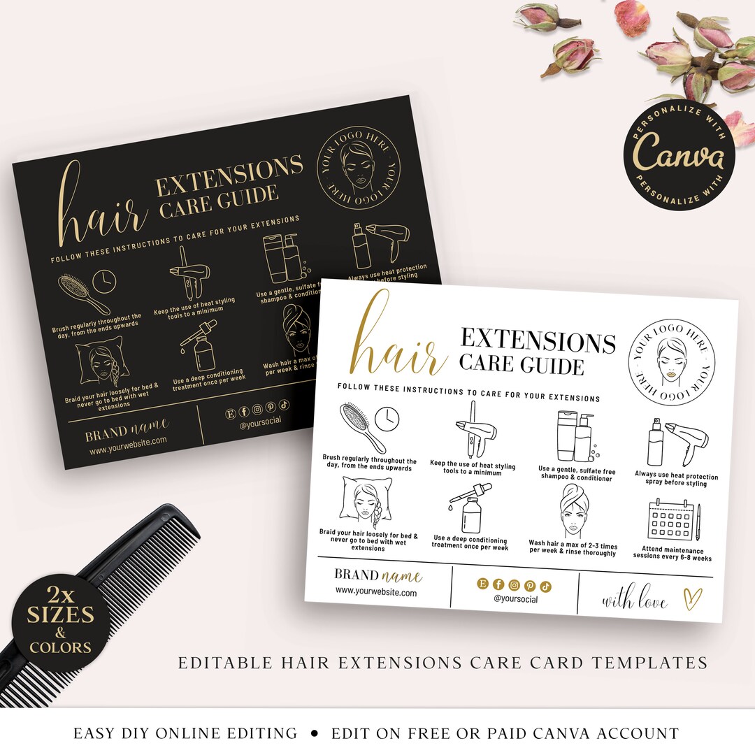 Hair Extension Aftercare CANVA Editable Template, 2 Sizes Elegant Hair
