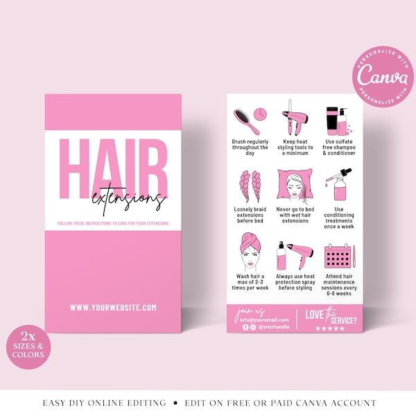 Hair Extensions Aftercare CANVA Editable Template, Business Card Hair Extension Care Guide, Hair Salon Printable Care Instructions PDC002