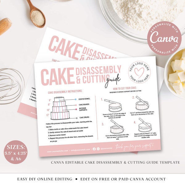CANVA Cake Disassembly and Cutting Guide Editable Template, Printable Tiered Cake Disassemble Instructions, Bakery DIY Cake Serving PDC001