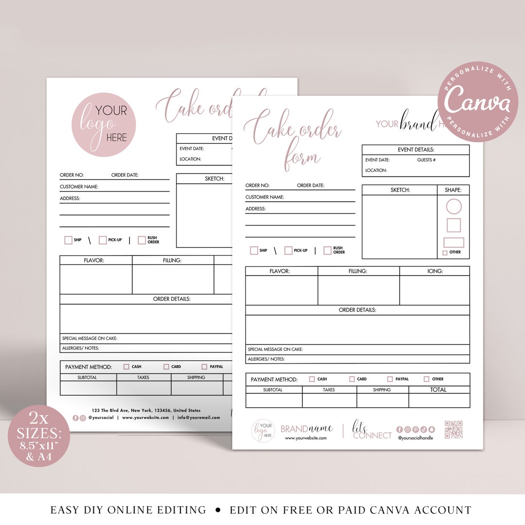 Cake Order Form CANVA Editable Template, DIY Cake Business Invoice ...