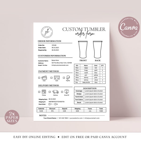 Tumbler Order Form CANVA Editable Template, 2 SIZES Printable Cup Order Form, Customizable Cup Order Log, Small Business Order Forms SIC001