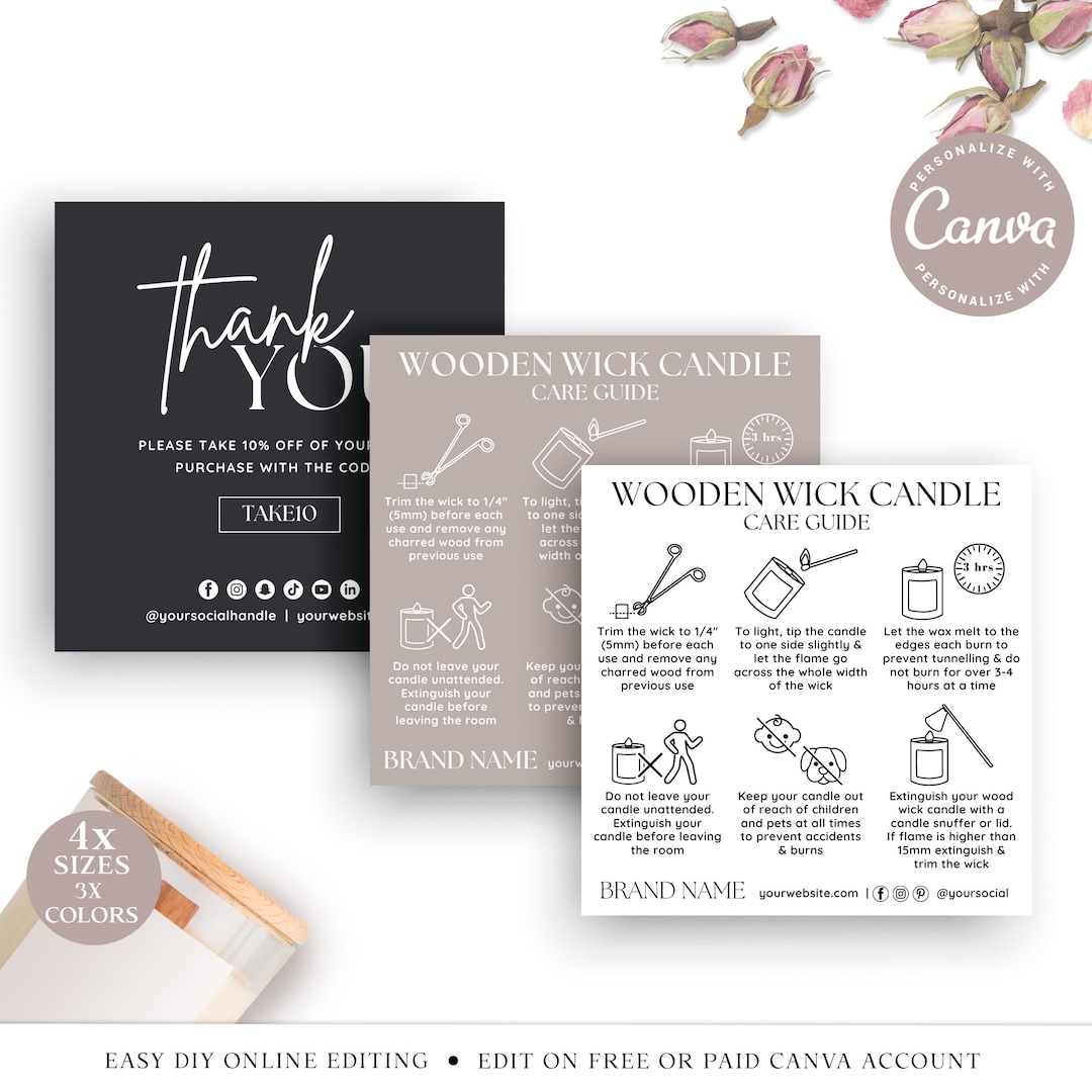 Wooden Wick Candle Care Guide CANVA Editable Template Bundle, Printable