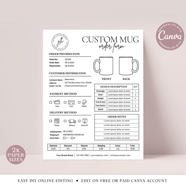 Mug Order Form CANVA Editable Template, 2 SIZES Printable Cup Order Form, Customizable Mug Order Log, Small Business Order Forms SIC001