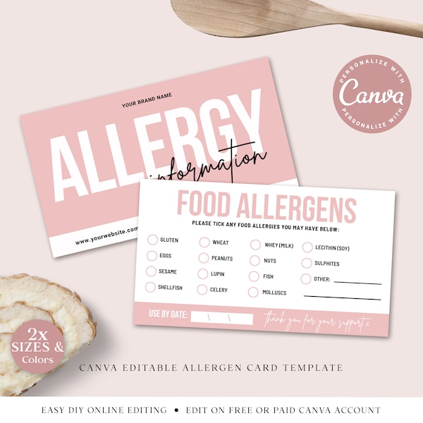 Allergen Card CANVA Editable Template, DIY Edit Bakery Allergy Warning, Premade Cooking Allergy Card, Customizable Food Warning Alert PDC001