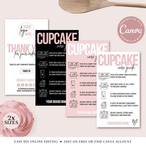 Cupcake Care Guide CANVA Editable Template, Printable Muffin Care Card, Cupcake Serving Instructions, Business Card Thank You Insert PDC001