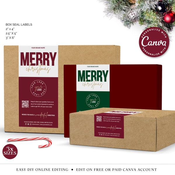 CANVA Box Seal Label Template, 3 SIZES Editable Christmas Shipping Box Sticker, Festive Thank You, Printable Package Seal Label CHC001