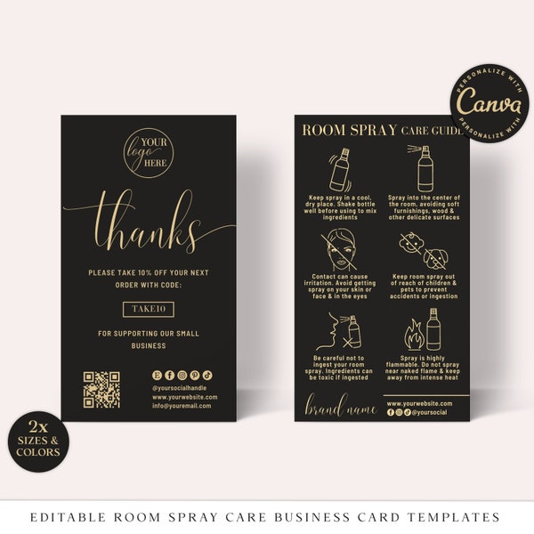 Room Spray Care Guide CANVA Editable Template, Printable Air Freshener Instructions Guide, Business Card Room Mist Safety Insert BGC001
