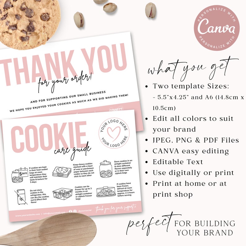 CANVA Cookie Care Guide Editable Template, 2 SIZES, Printable Biscuit Care Card, Cookie Serving Instructions, Care Thank You Insert PDC001 Bild 4