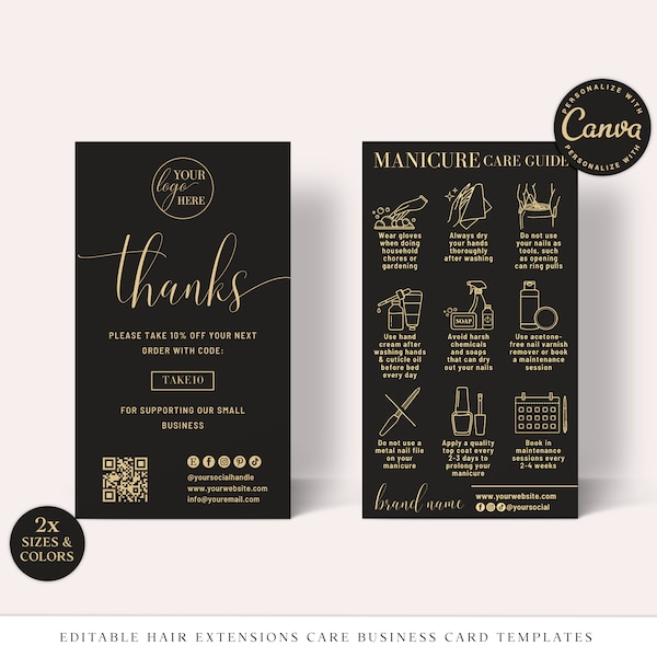 Manicure Aftercare Card CANVA Editable Template, Business Card Nail Care Template, Manicure Guide, Printable Manicure Instructions BGC001