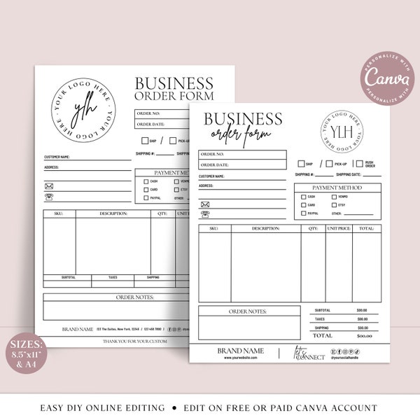 Business Order Form CANVA Editable Template, 2 SIZES Printable Company Invoice Design, Customizable Order Log, Minimal Business Order SIC001