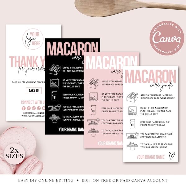 CANVA Macaron Care Guide Editable Template, Printable Macarons Care Card, Macaroon Instructions, Business Card Thank You Insert PDC001