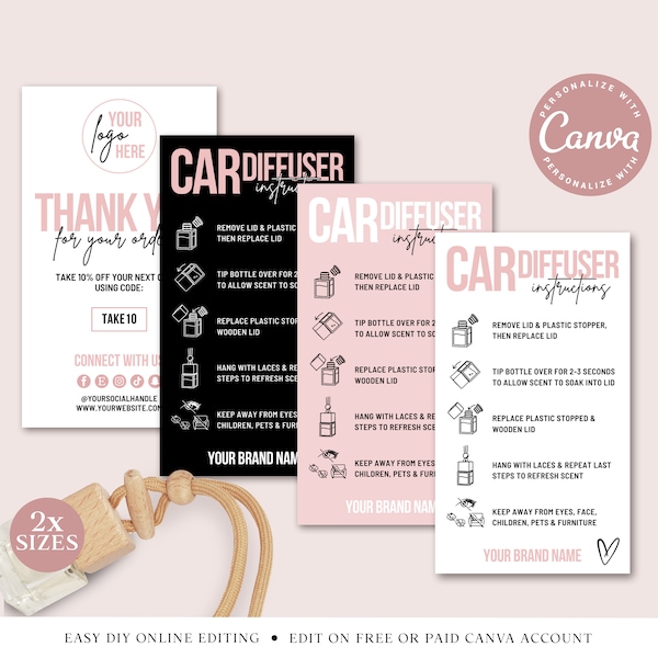 Car Diffuser Care Guide CANVA Editable Template, DIY Car Air Freshener Use Instructions, Printable Business Card Car Scent Insert PDC001