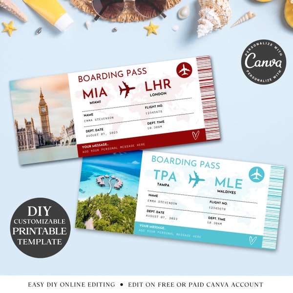 CANVA Boarding Pass Editable Template, PRINTABLE Flight Ticket, Customizable Airline Ticket, Digital Download Surprise Trip Ticket BPC001