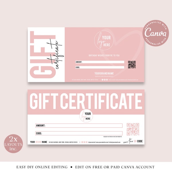 Gift Certificate CANVA Editable Template, DIY Edit Business Coupon, Printable Gift Voucher, Customizable Instant Customer Gift PDC001