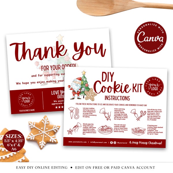 Christmas Cookie Kit Guide CANVA Editable Template, Printable Xmas DIY Cookie Card, Iced Biscuit Instructions Insert, Thank You Card CHC001