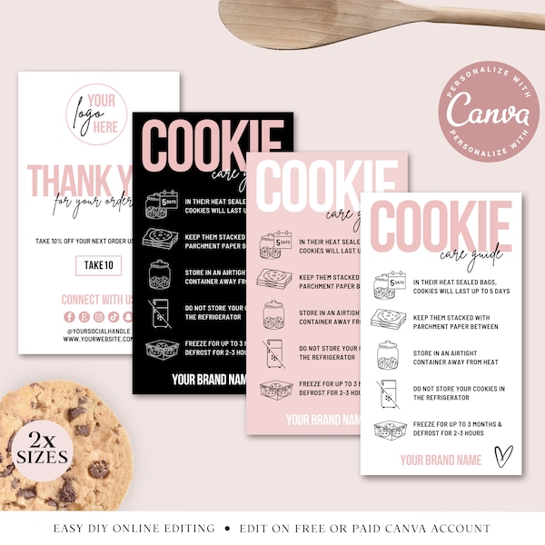 CANVA Cookie Care Guide Editable Template, 2 SIZES, Printable Biscuit Care Card, Cookie Instructions, Business Card Thank You Insert PDC001