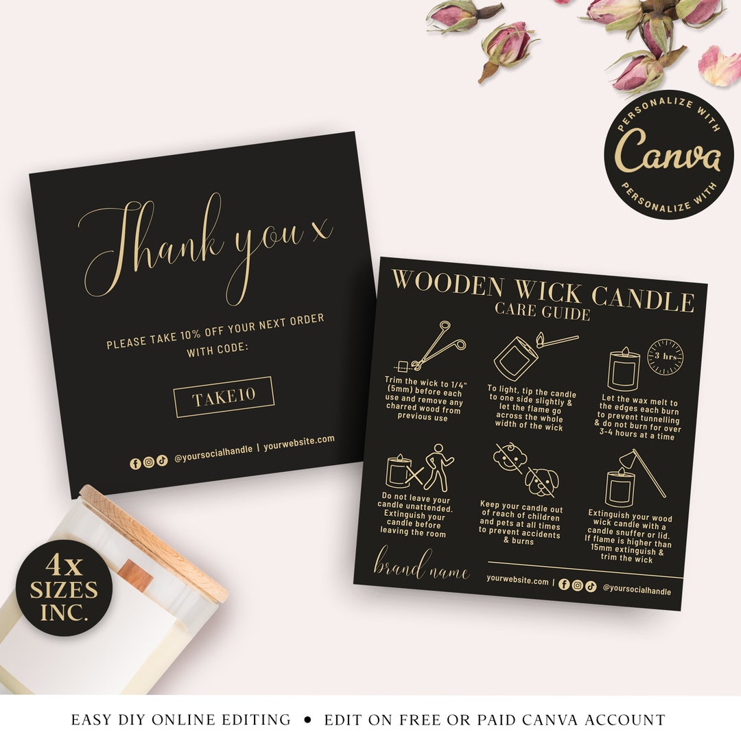 Wooden Wick Candle Care Guide CANVA Editable Template Bundle, Printable