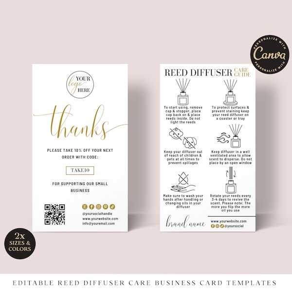 Reed Diffuser Care Guide CANVA Editable Template, 2 SIZES Printable Room Diffuser Instructions, Reed Diffuser Insert Business Card BGC001