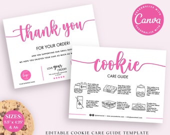 CANVA Cookie Care Guide Editable Template, 2 SIZES, Printable Biscuit Care Card, Cookie Serving Instructions, Care Thank You Insert PDC003