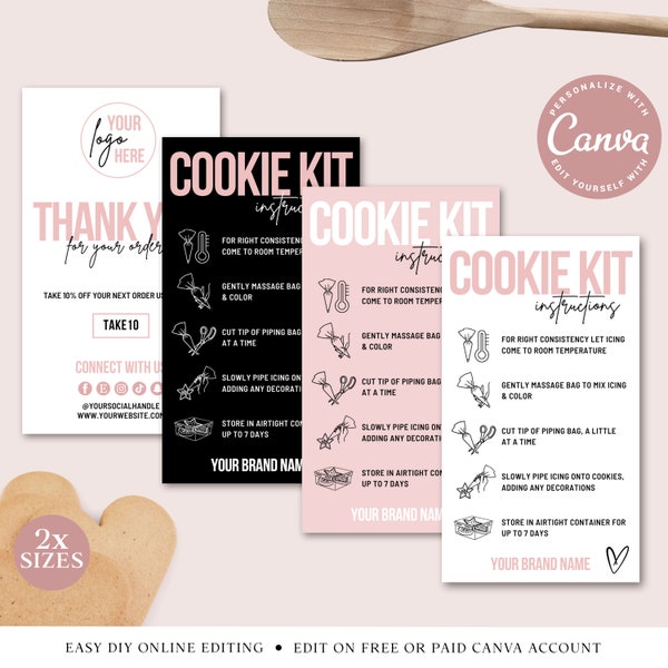 Cookie Kit Instructions CANVA Editable Template, Printable Iced Biscuit Card, Cookie Kit Guide, Business Card Thank You Insert PDC001