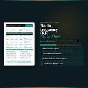 Può includere: Un foglio di riferimento rapido sulla radiofrequenza (RF) con informazioni dettagliate su impostazioni, liste di controllo e risoluzione dei problemi. Il documento include obiettivi di temperatura, liste di controllo pre e post-trattamento e controindicazioni.
