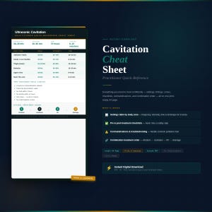 Op de afbeelding: Een digitale download met de titel "Cavitation Cheat Sheet" voor behandelaars. Het document bevat een instellingstabel, pre- en post-behandelingschecklists, contra-indicaties en de behandelvolgorde. Het ontwerp is donkerblauw met witte en groene tekst.