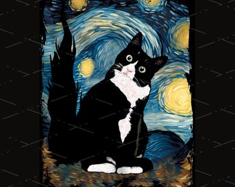 Van Gogh Starry Night Black Cat For Van Gogh Fans Black Cat Lovers Vincent Van Gogh Painting PNG file, digital Download, Sublimation Designs