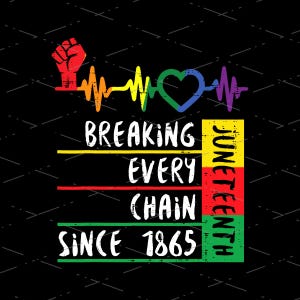 May include: A black and white graphic design with a rainbow heart and a fist raised in the air. The text reads "Breaking Every Chain Since 1865" with the words "Juneteenth" written vertically on the right side.