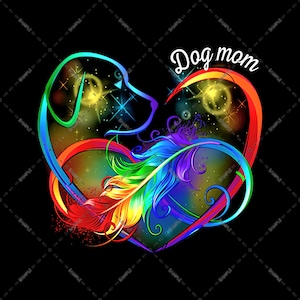 May include: A rainbow heart with a dog silhouette and a feather inside. The text "Dog mom" is written above the heart.