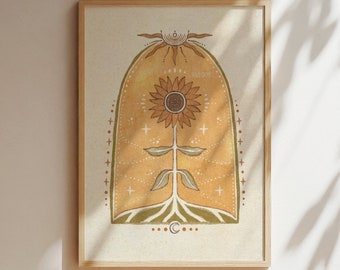 May include: A digital illustration of a sunflower with a yellow and orange flower, green leaves, and brown roots. The sunflower is surrounded by a yellow arch with a sun and moon at the top and bottom. The background is a light beige.