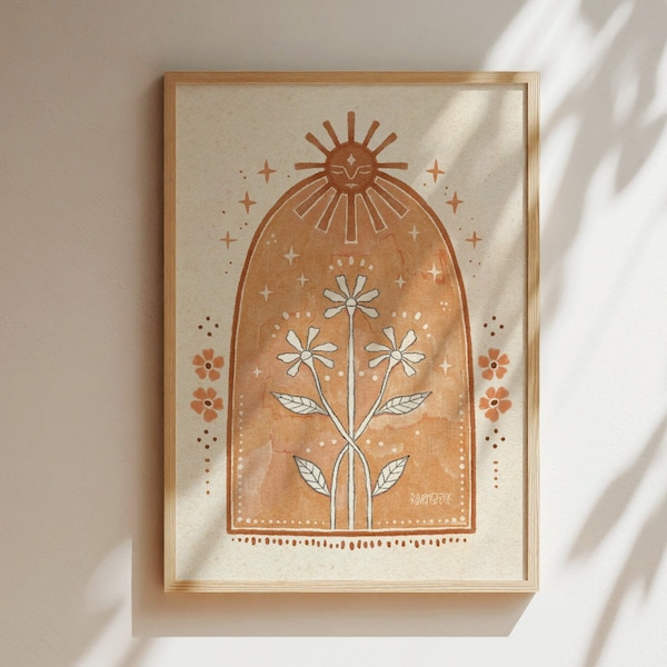Folklig illustration solkonstposter blommig vintagetryck prästkragar konstverk andlig mystisk dekor bohemisk heminredning gul orange jordnära blomma