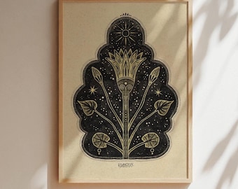 Cosmic Egyptian Lotus Art Poster Lotus Flower Artwork Boho Wall Decor Black Background Botanical Illustration Witch Room Decor Spiritual Art