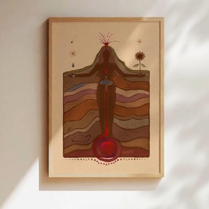 May include: A framed illustration of a stylised female figure standing within a cross-section of the earth. The figure is depicted with a red heart and a red line extending from the heart to the centre of the earth. The earth is represented by layers of brown, tan, and grey, with a red volcano erupting at the top.