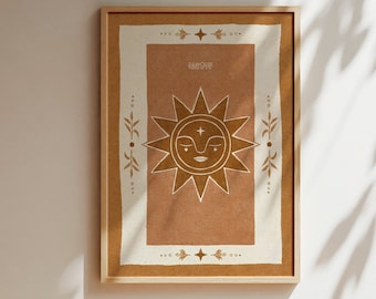 Zon kunstposter boho illustratie print oranje kunstwerk aards kamer decor bloemen vintage boho slaapkamer decor zon maan muur decor boho zon folk