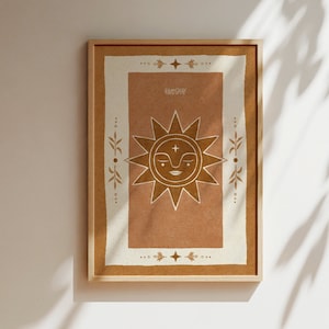 Sun Art Poster Boho Illustration Print Orange Artwork Earthy Room Decor Floral Vintage Boho Bedroom Decor Sun Moon Wall Decor Boho Sun Folk