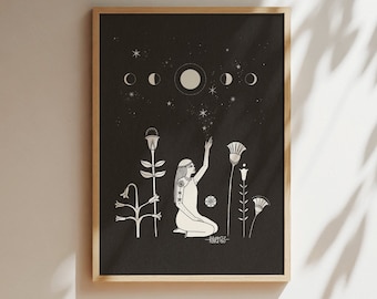 May include: A black and white illustration of a woman reaching up to a crescent moon with stars in the background. The woman is surrounded by stylized flowers. The text "...and rises..." is at the bottom of the image.