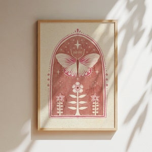 Mariposa arte cartel ilustración popular rosa floral arte boho pared decoración mariposa arte rosa habitación decoración mariposa arte impresión folk flor sol