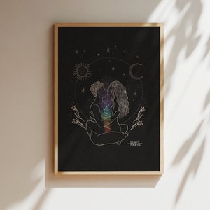 Soulmate Kunst Paare Druck Liebhaber Illustration Spiritueller Raum Dekor Sonne Mond Sterne Jahrestag Geschenk Tantra Ästhetik Yoga Freundin Liebe