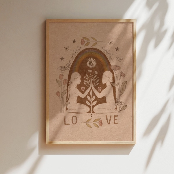 The Lovers Tarot Art Print Love Artwork Soulmates Illustration Folk Art Wedding Gift Twin Flame True Love Handmade Painting Healing Artist