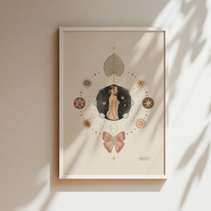 Spiritual Art Print Goddess Poster Moon Phase Illustration Neutral Home Wall Decor Boho Gift Idea Feminine Energy Artwork Yoga Flower Nature