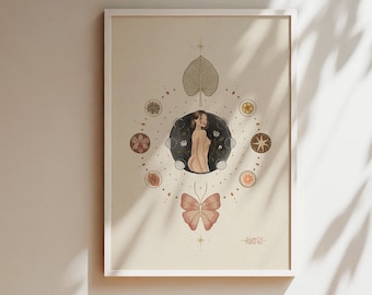 Spiritual Art Print Goddess Poster Moon Phase Illustration Neutral Home Wall Decor Boho Gift Idea Feminine Energy Artwork Yoga Flower Nature