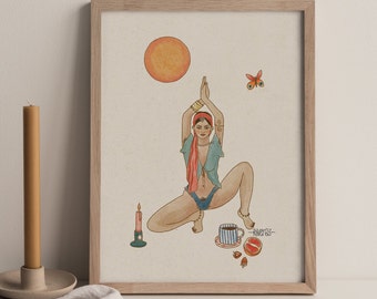 May include: A digital illustration of a woman in a yoga pose with a red headscarf, blue top, and a red and white patterned skirt. The woman is surrounded by a red sun, a butterfly, a lit candle, a cup of coffee, and a red fruit.
