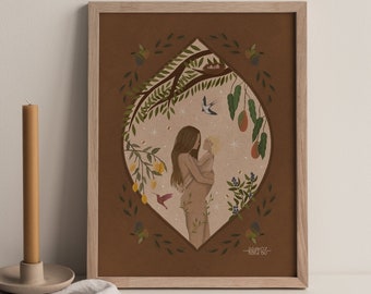 Lámina artística de la Madre Naturaleza, Arte de pared para el embarazo, Obra de arte botánica sobre la maternidad, Lámina artística femenina y natural, Regalo para mamás primerizas