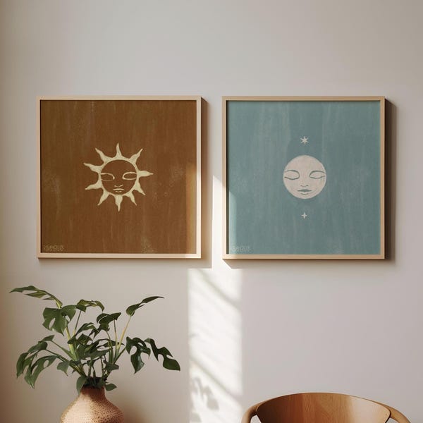Print Set Sun and Moon Art Poster Moon Sun Decor Boho Gallery Wall Celestial Wall Hanging Neutral Bohemian Home Decor Magical Fine Art Blue