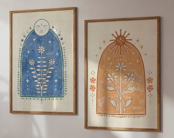 Sun Moon Art Poster Folk Illustration Boho Bedroom Vintage Floral Artwork Yellow Sun Art Blue Moon Gallery Wall Decor Earthy Flower Mystical